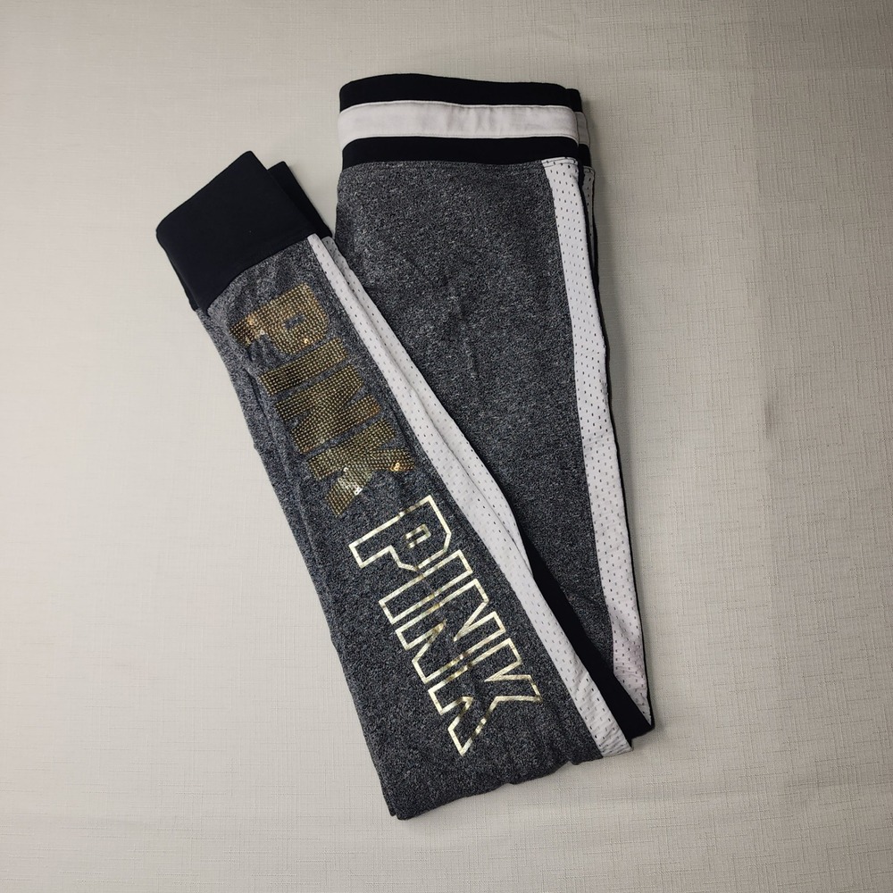 Victoria's Secret PINK Yoga Leggings Gray Heather Stripe Gold Sequin Small Y2K